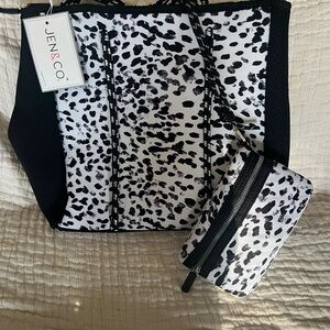 JEN & CO. Black and White Dalmatian Print Neoprene Tote with Pouch